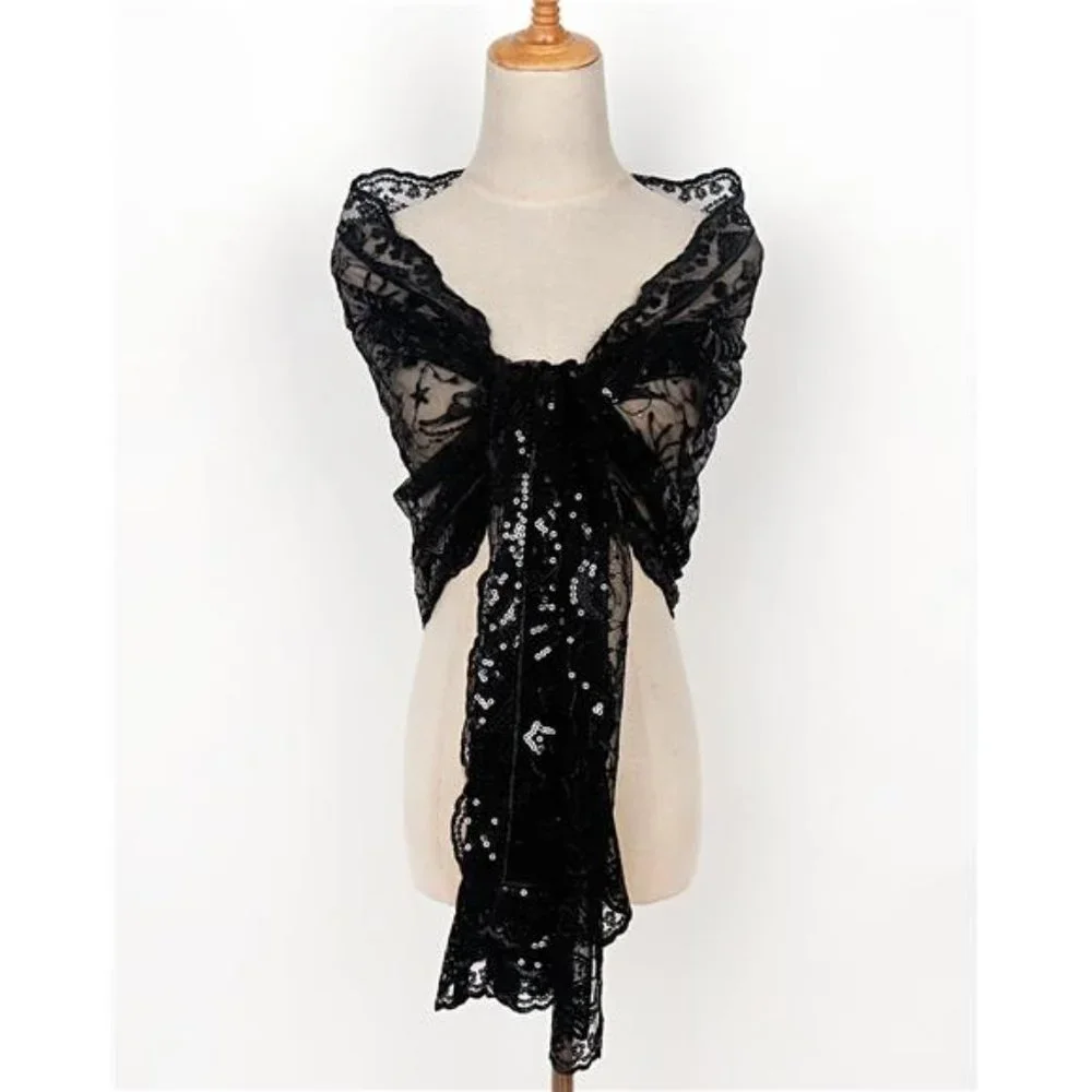 Boho Black Moon & Star‎ Sheer Mesh Sequin Embellished Shawl Wrap Scarf Formal